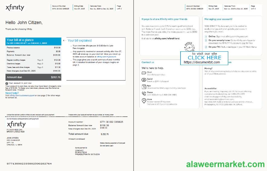 USA Xfinity utility bill template in Word and PDF formats, 3 pages, version 2, 1-2 pages
